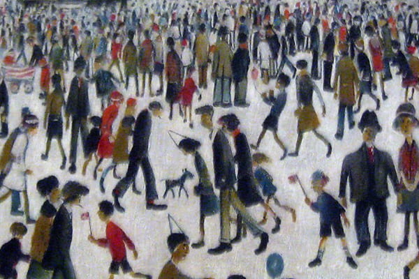photo of small portion of LS Lowry painting of crowds of people at Lancashire Fair