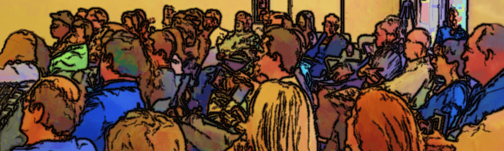 color painting of seated audience from side view, public domain